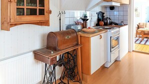 A compact kitchen with a wooden cabinet, a vintage-style sink, a stove, and a small oven.