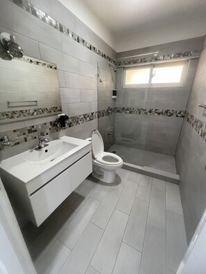 Shower, hair dryer, towels