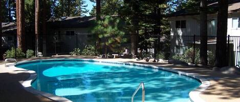 A community pool surrounded by trees and a fence.