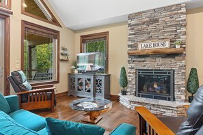 Smart TV, fireplace, books
