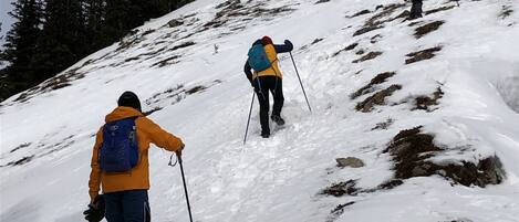 A snowy mountain path with hikers.