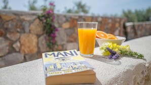 Um copo de sumo de laranja, uma taça com laranjas fatiadas e um livro intitulado "MANI" numa soleira de pedra.