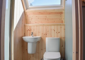 A small, wooden-paneled bathroom with a skylight, a sink, and a toilet.