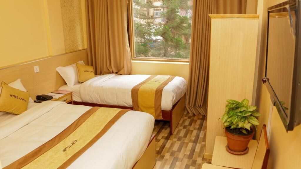 A hotel room with two beds, a potted plant, and a window with curtains.