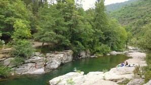 A natural setting with a river, rocky terrain, and dense greenery. - House in the Cevennes (Chamborigaud)