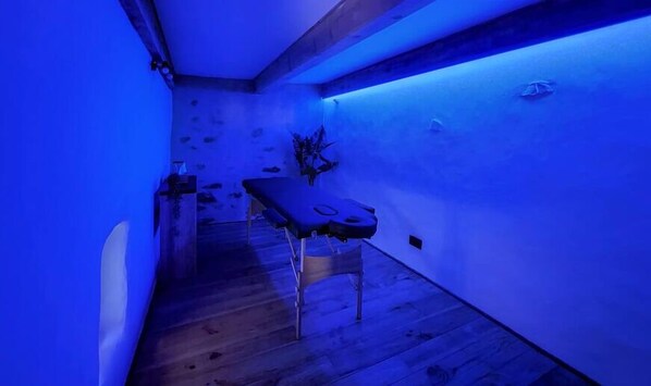 Una habitación con piso de madera, una mesa de masajes y una planta.
