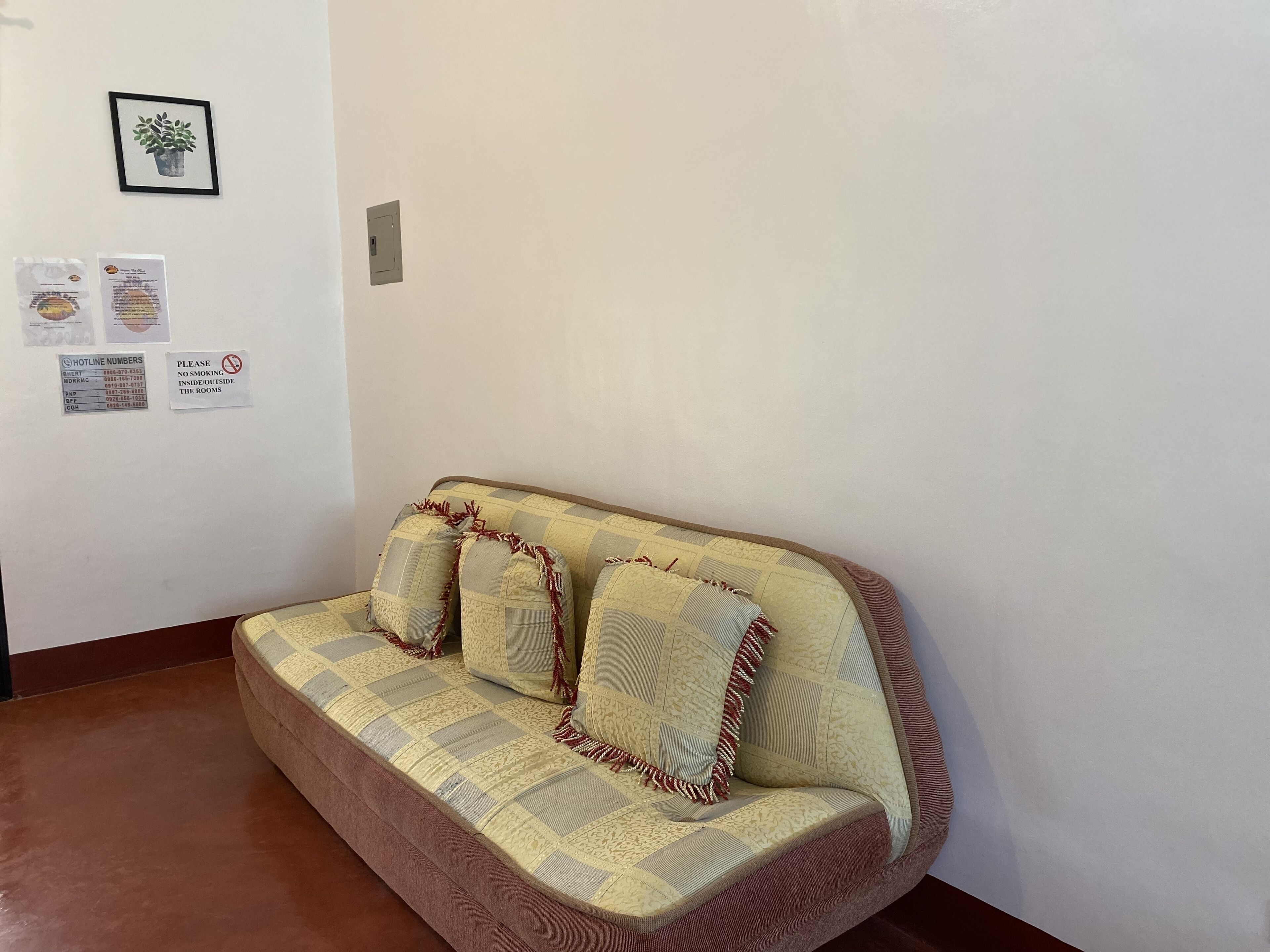 Habitación de esquina con sofá color beige, dos almohadas, una planta en marco y un cuadro de empalme eléctrico en la pared.
