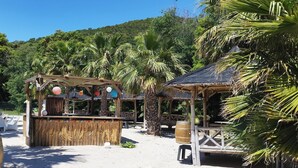 En strandkiosk med stråtækt tag, omgivet af palmer og et sandareal med strandstole.