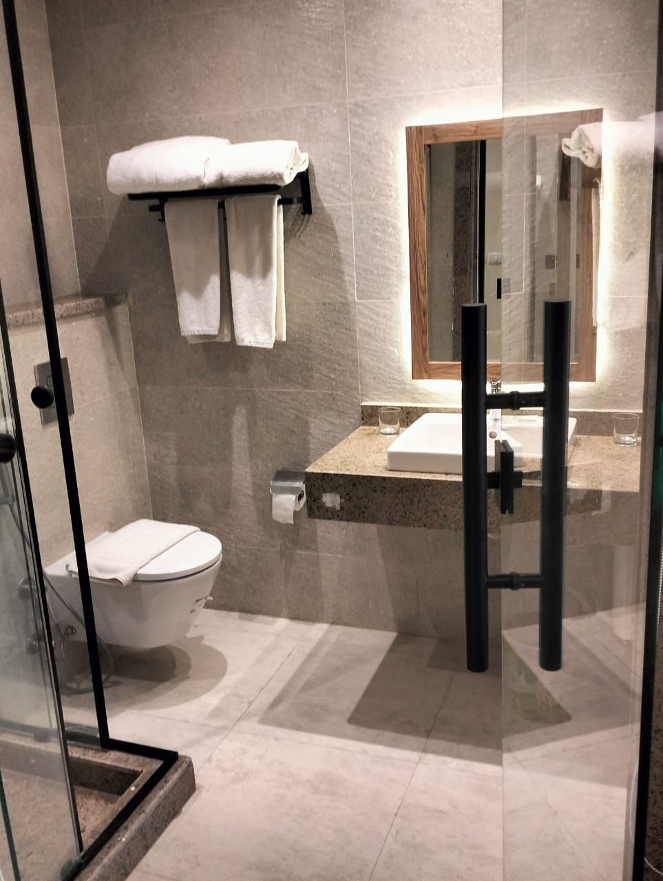 A modern bathroom with a glass-enclosed shower, a toilet, and a sink with a mirror above it.