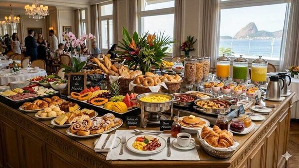 A buffet with various food items and beverages, a sign indicating 'Cafe da Manhã', and a view of the sea. - Lacqua DiRoma IV - Gran Caldas Reservas (Caldas Novas)