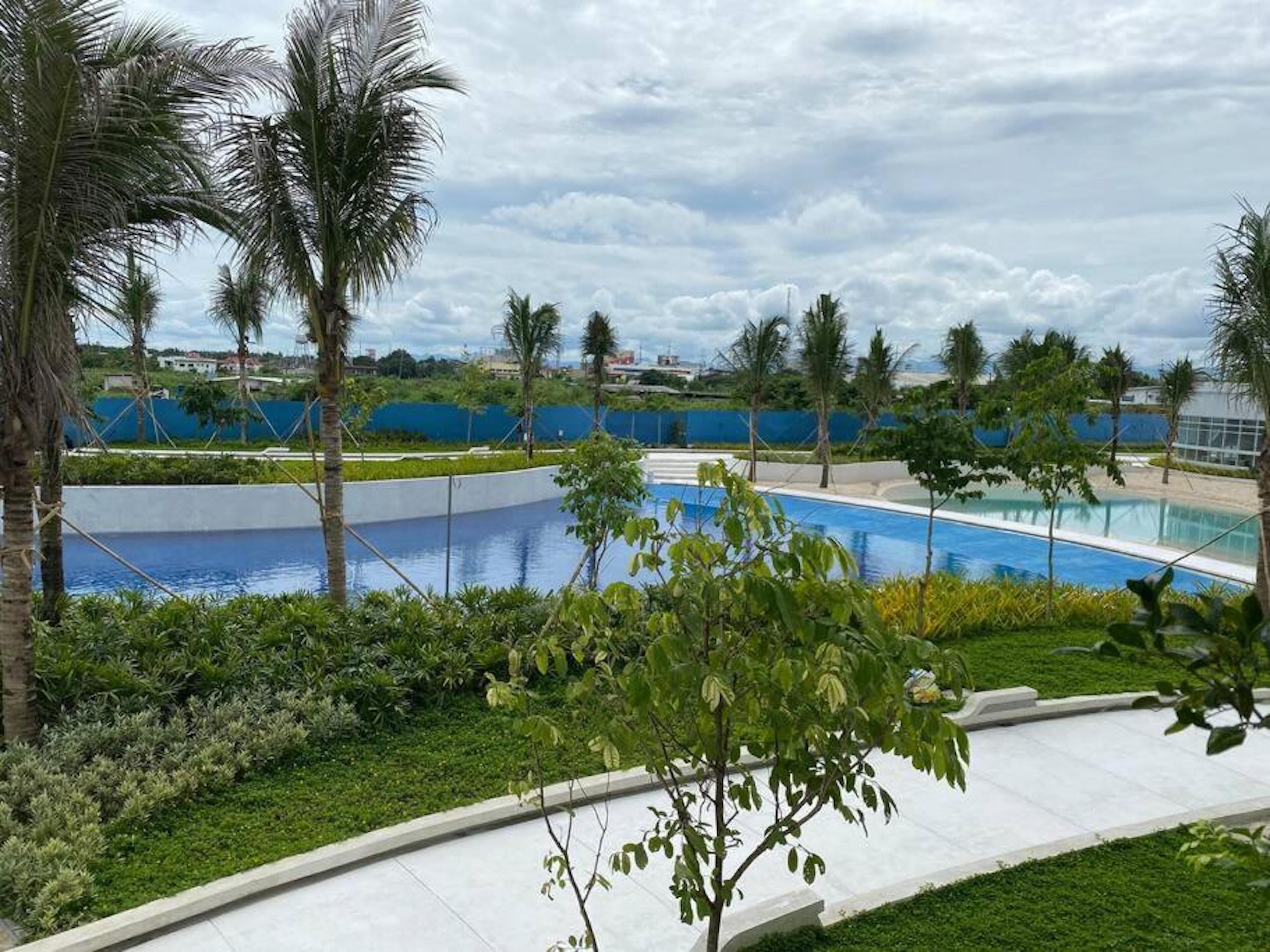 Una piscina envoltada de palmeres i vegetació, amb vista a edificis a la distància.