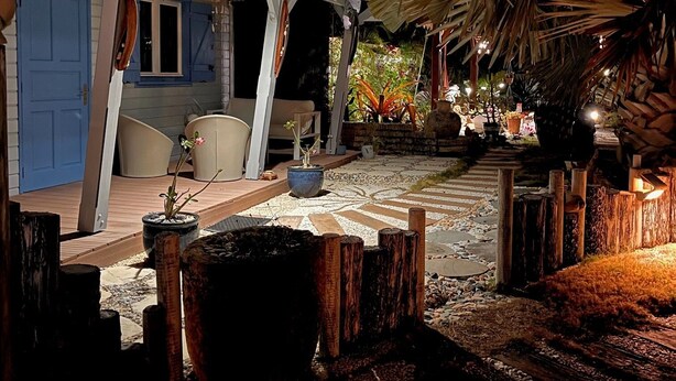A covered outdoor area with a wooden deck, potted plants, and a palm tree. - AZUR bungalow in the heart of a quiet, leafy garden (LE MOULE)