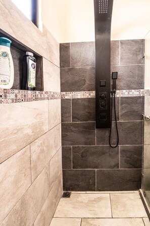 Shower, hair dryer, towels, soap