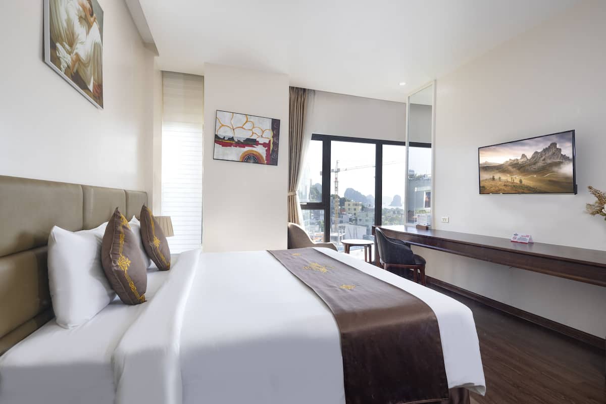 Una habitación de hotel con una cama grande, un escritorio y vistas a la ciudad.