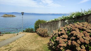 A coastal view with a pathway, a lamp post, and a wall with flowering plants.