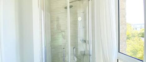 Shower, hair dryer, towels, soap