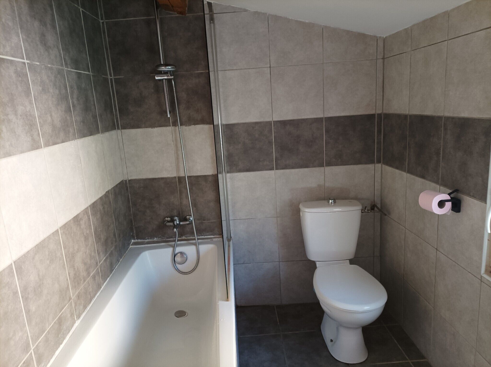 A bathroom with a shower, toilet, and a roll of toilet paper on the wall.