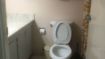 Un baño pequeño con inodoro, lavamanos y cortina de ducha.
