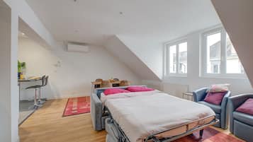 1 bedroom, desk, iron/ironing board, travel cot