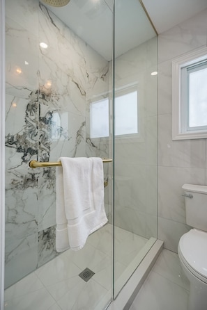 Shower, hair dryer, towels, soap