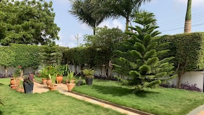 Un giardino curato con diverse piante in vaso e un prato ben tagliato.