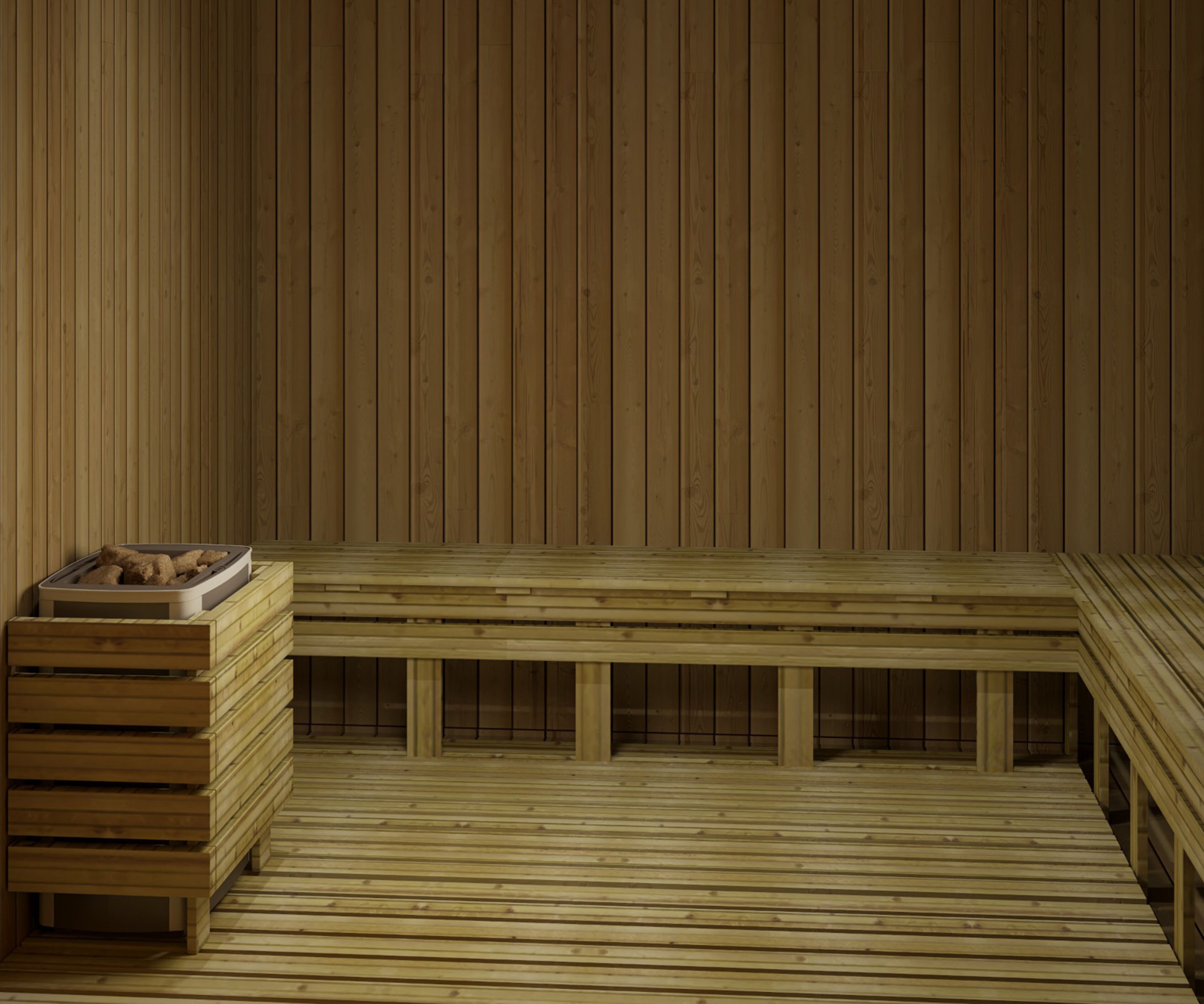 Una sauna de madera con bancos y una zona de estar.