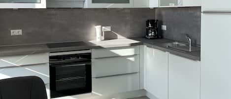 Frigorífico, microondas, horno y placa de cocina