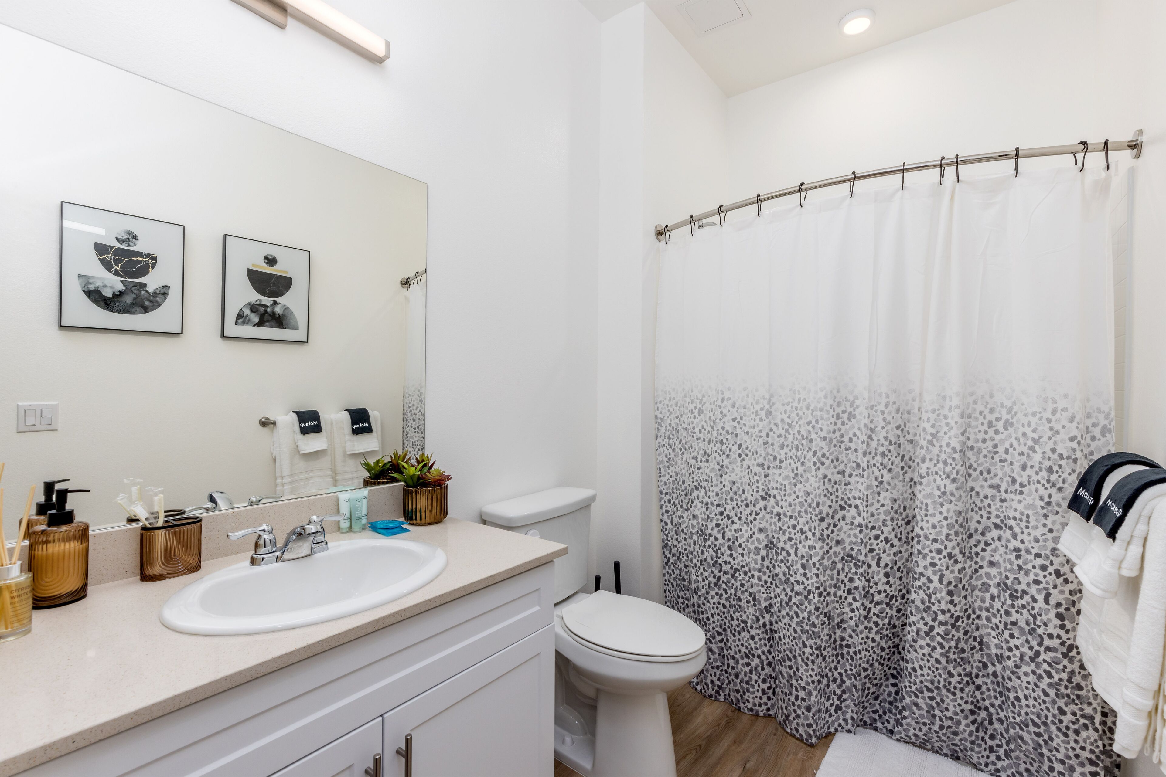 A modern bathroom with a white sink, toilet, and shower curtain. There are two framed pictures on the wall, a mirror, and a towel rack with towels.
