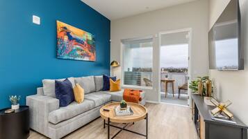 Smart TV, fireplace, books, video library