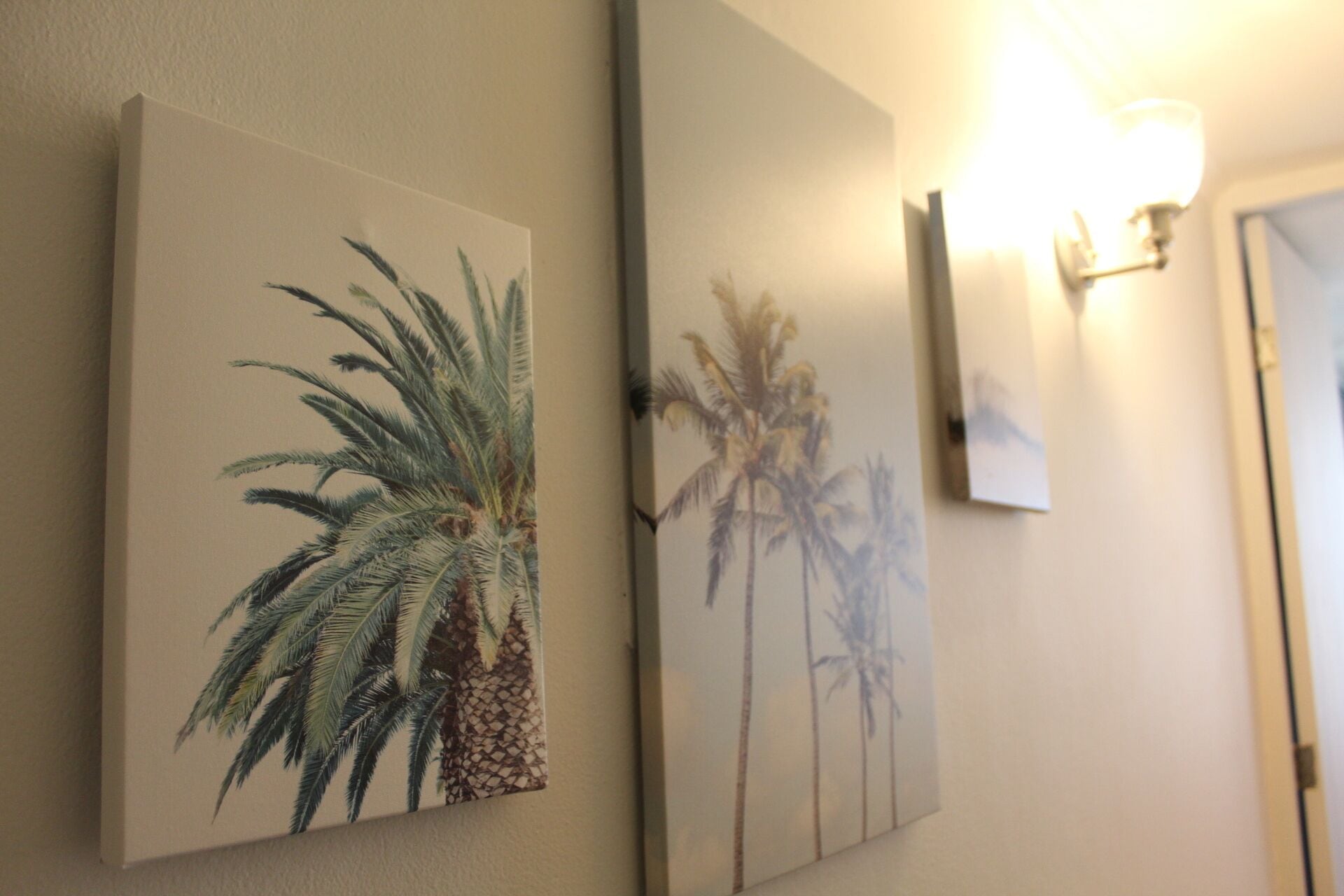 Two wall-mounted paintings of palm trees.
