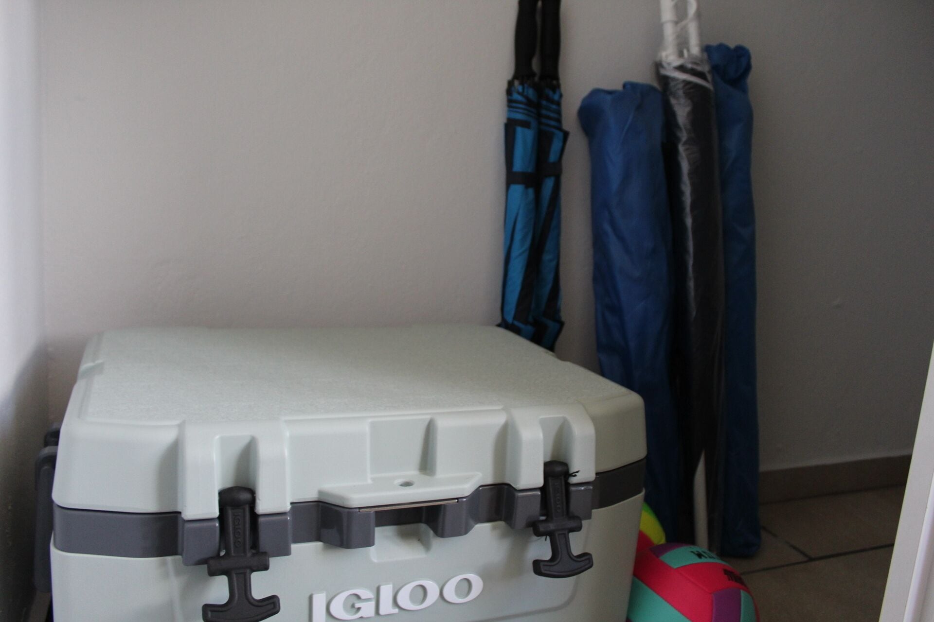 A storage box labeled 'IGLOO' with a handle and a strap, a colorful ball, and blue and black items hanging on the wall.