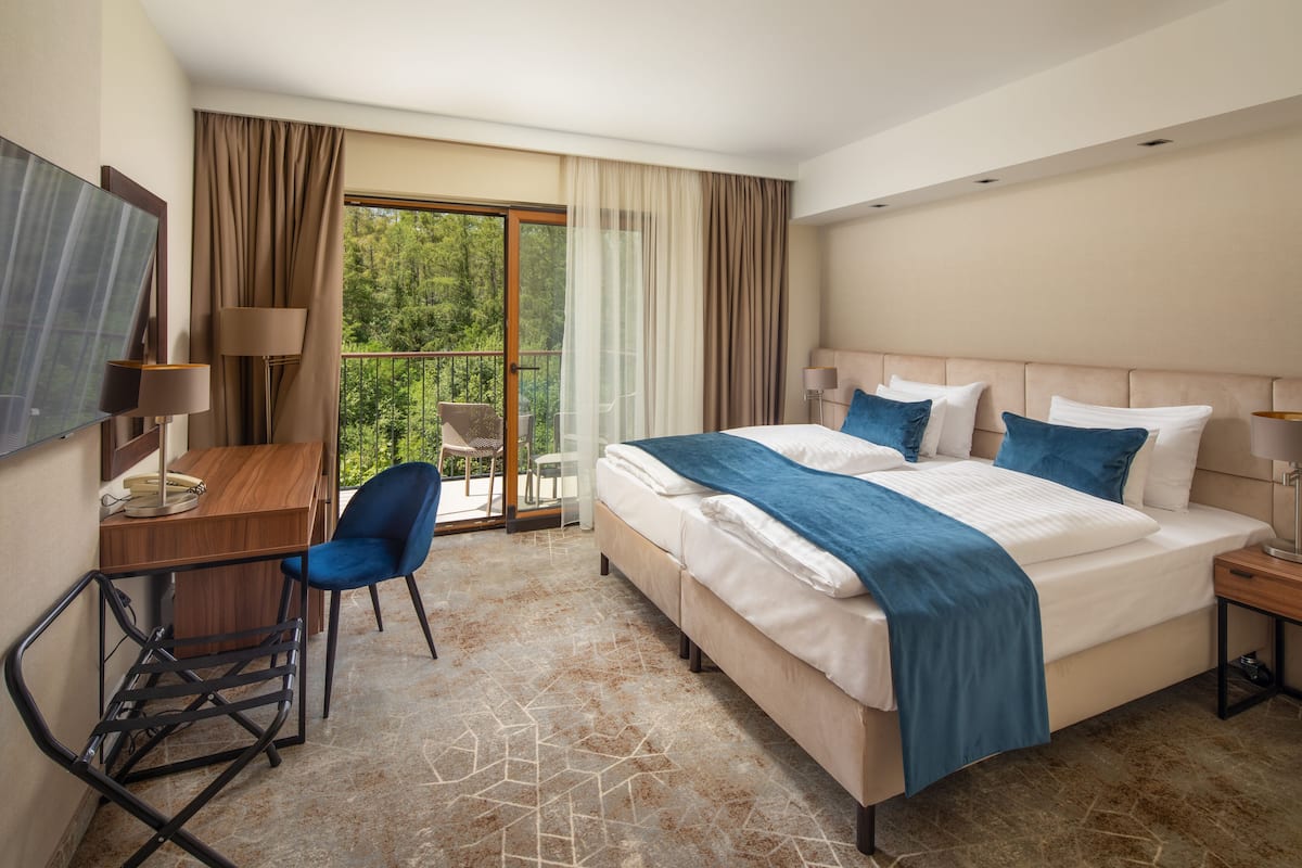 A hotel room with a bed, a desk, a chair, a TV, and a balcony with a view of trees.
