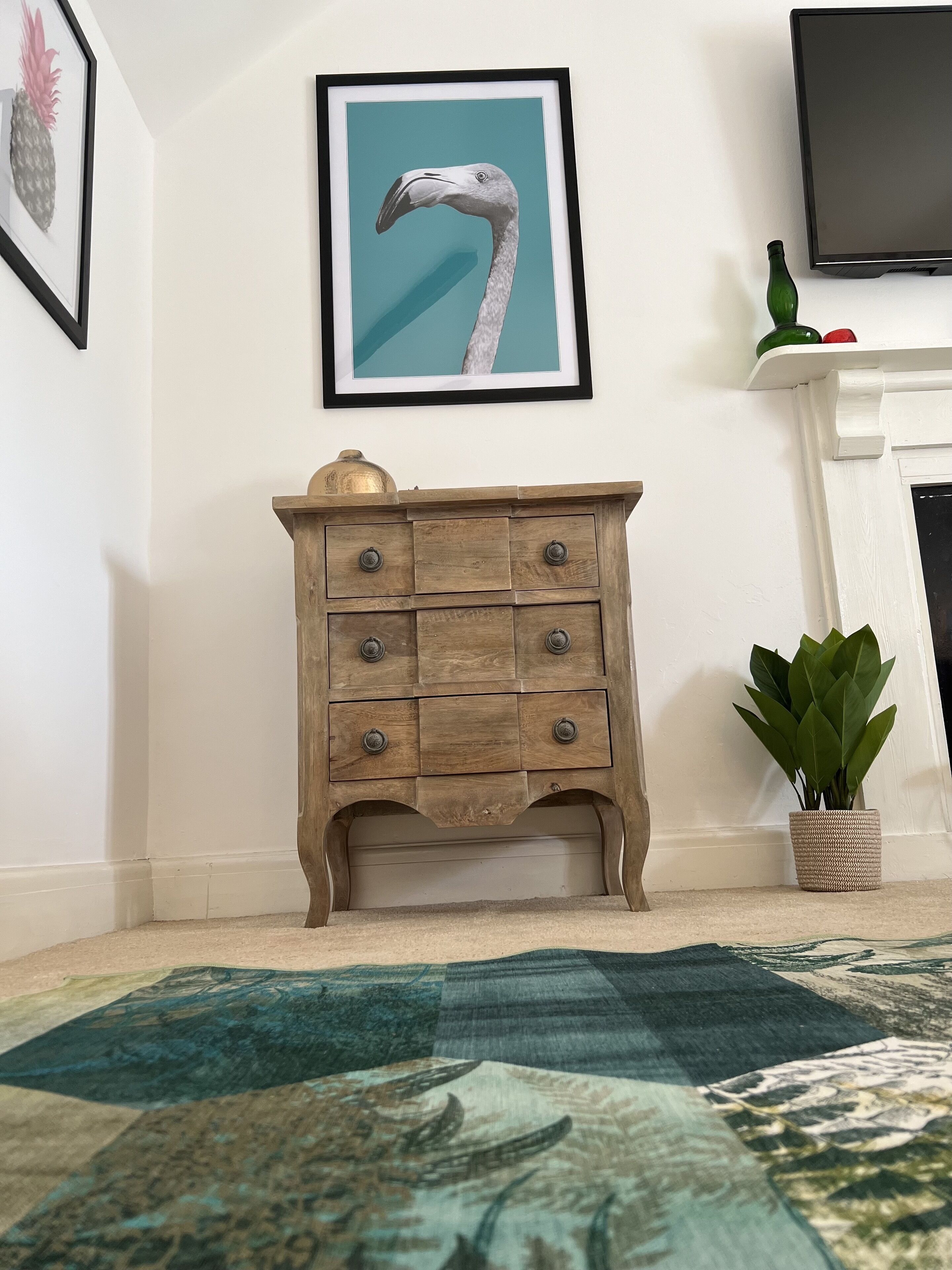 Une pièce comprenant une commode en bois, une œuvre d’art encadrée représentant un oiseau, une plante verte en pot et un téléviseur fixé au mur.