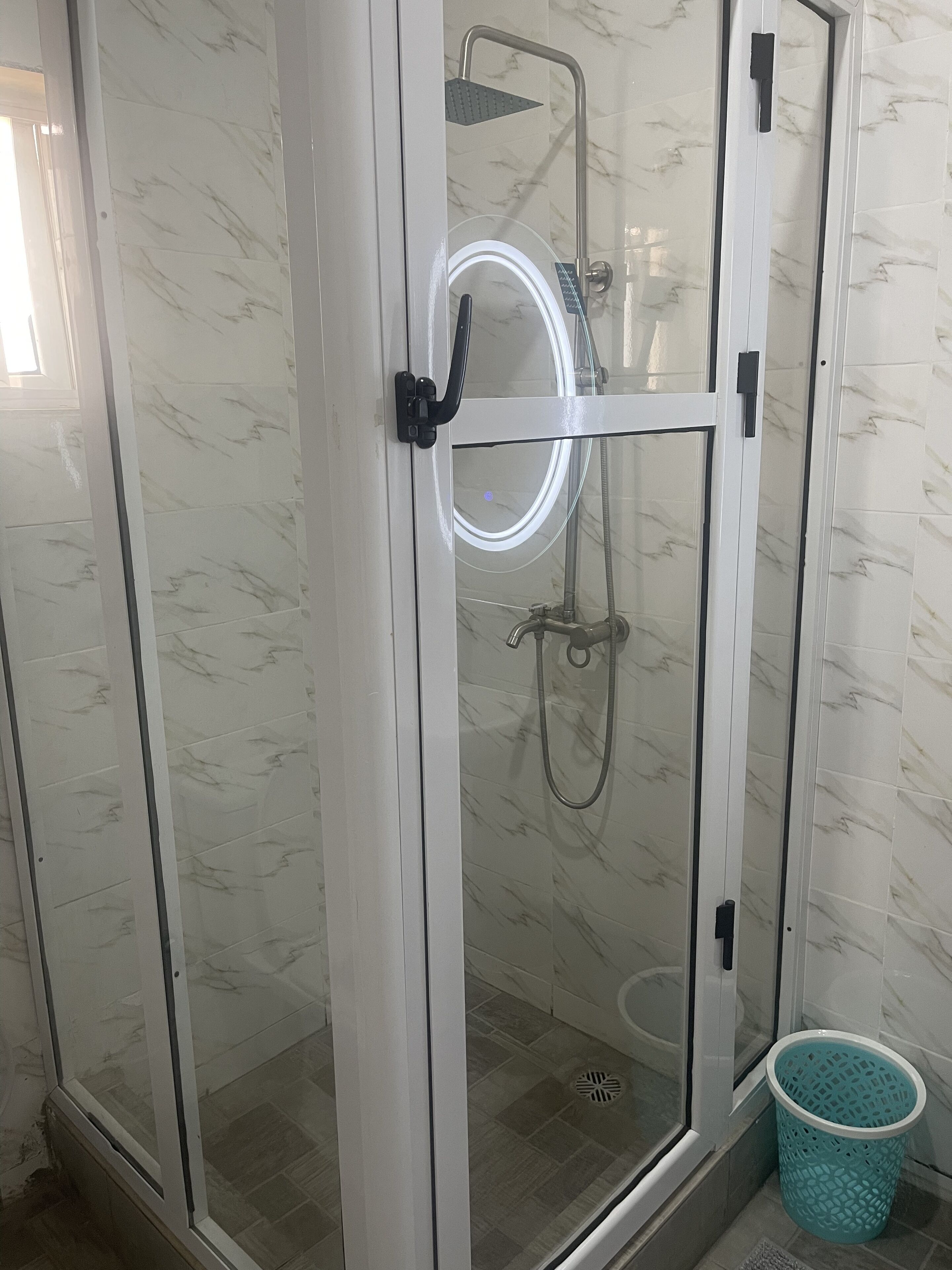 Shower, towels, toilet paper