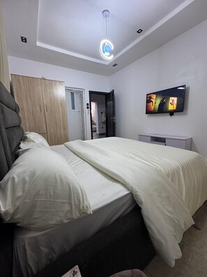 A bedroom with a bed, wardrobe, television, and a ceiling light fixture.