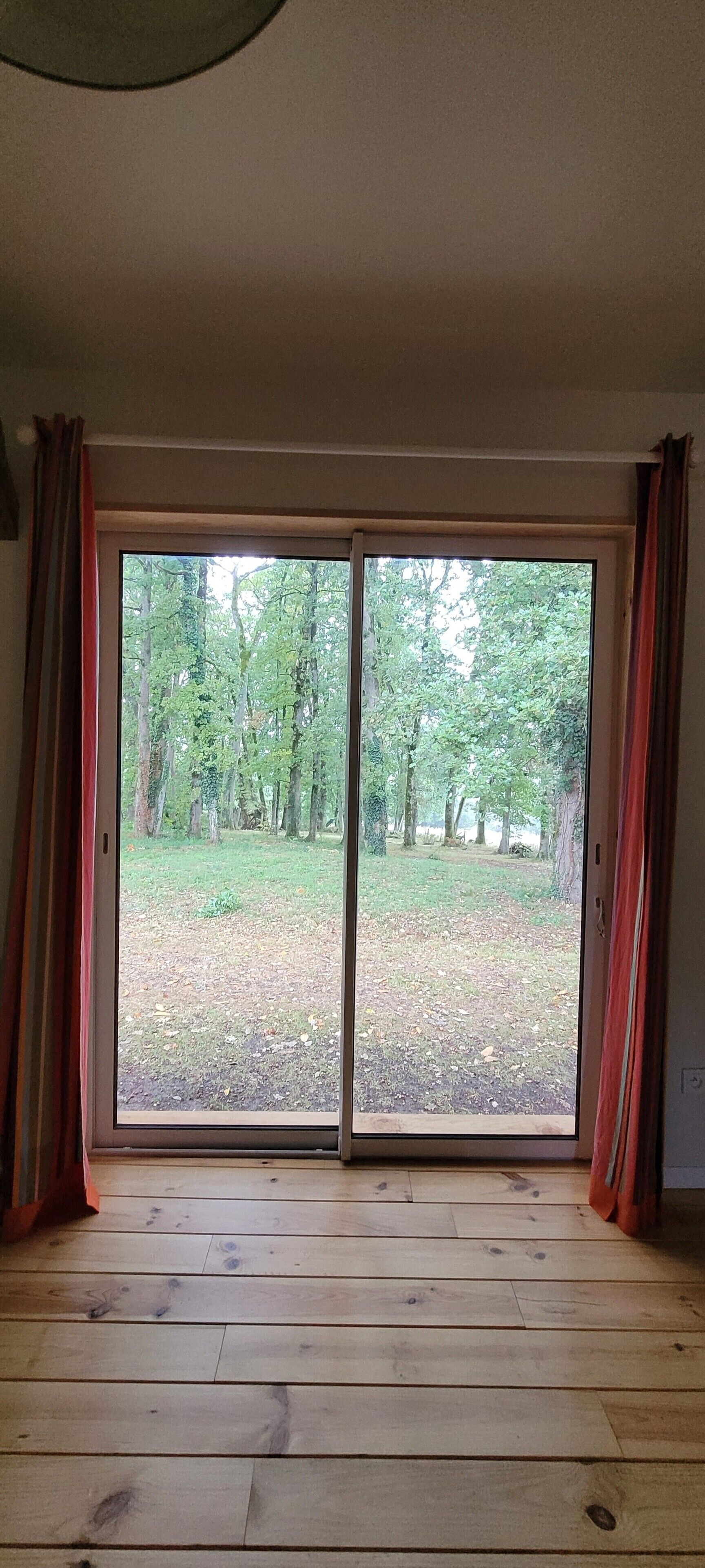 A room with a large sliding glass door leading to a wooded area.