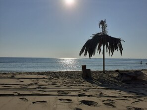 Beach nearby, sun loungers