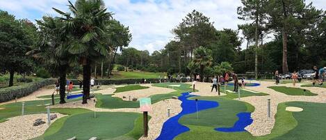 A miniature golf course with a winding blue water feature, palm trees, and a clear sky.