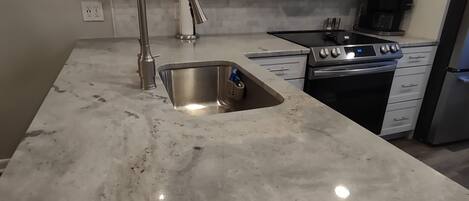 Una cocina con un lavaplatos de acero inoxidable, un microondas y un horno.