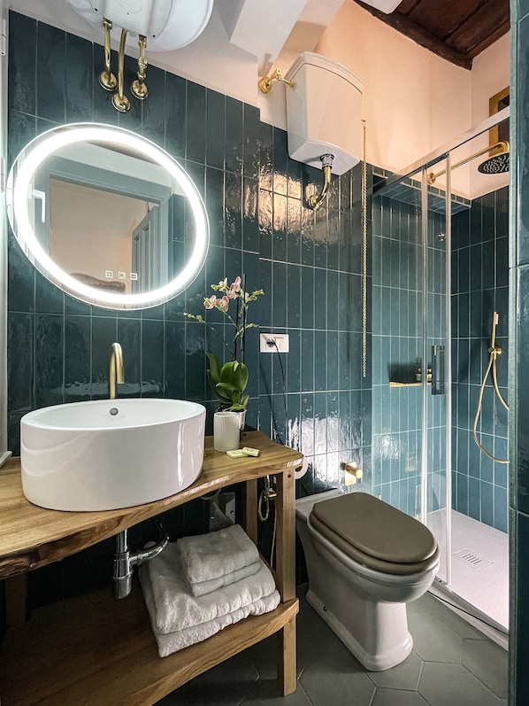 Shower, hair dryer, towels, soap