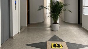 A hallway with a star-shaped floor design, a potted plant, and a security camera. - Hotel Dorado san luis (San Luis)