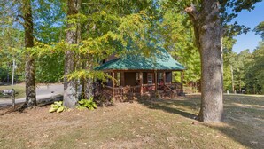 A cabin with a green roof, surrounded by trees and a grassy area.