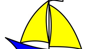 A simple sailboat with a yellow hull and a red and white flag on top.