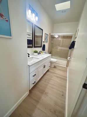 Hair dryer, towels, toilet paper