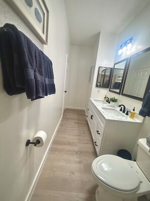 Hair dryer, towels, toilet paper