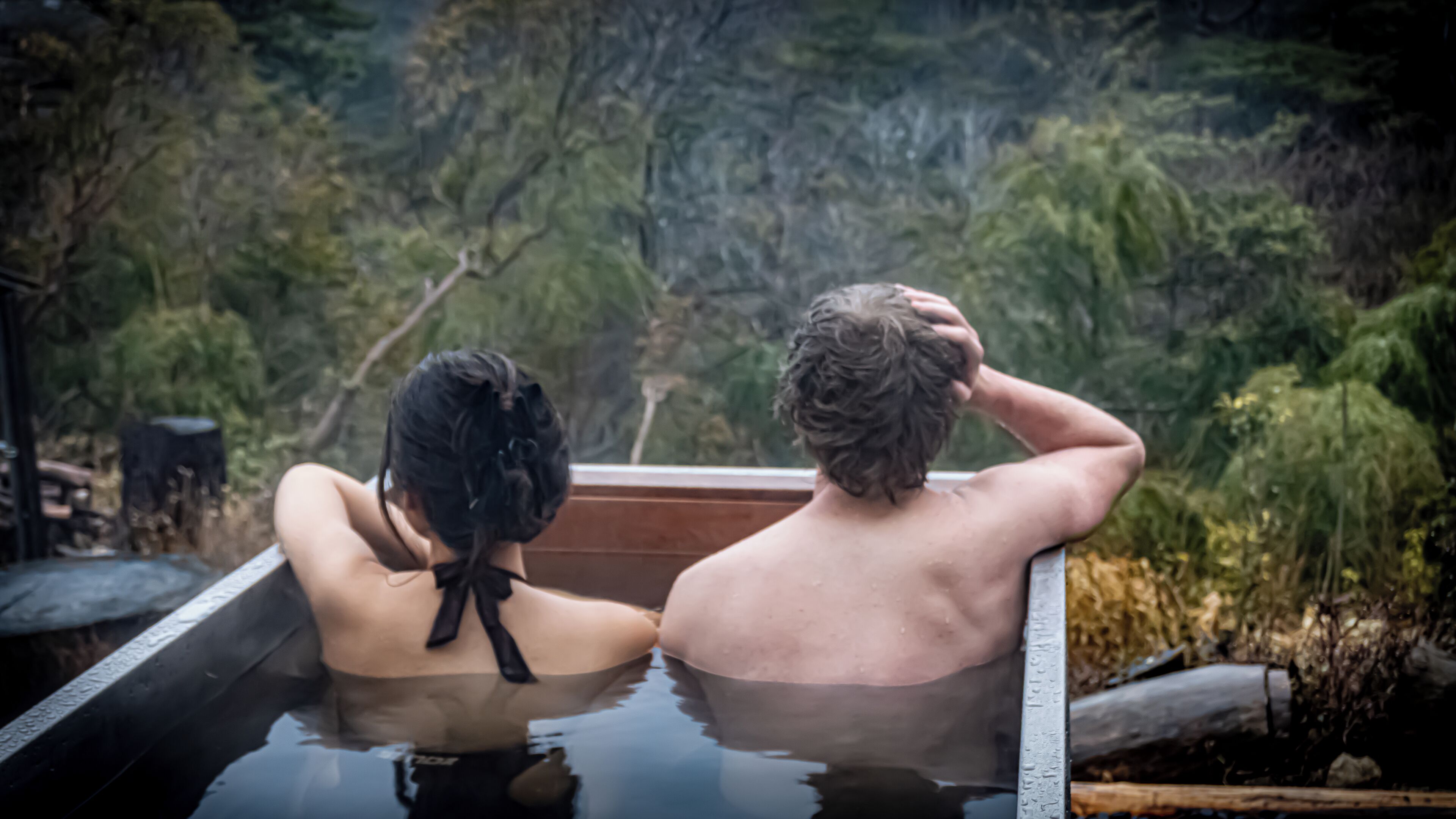 Deux personnes dans un jacuzzi avec vue sur la forêt.