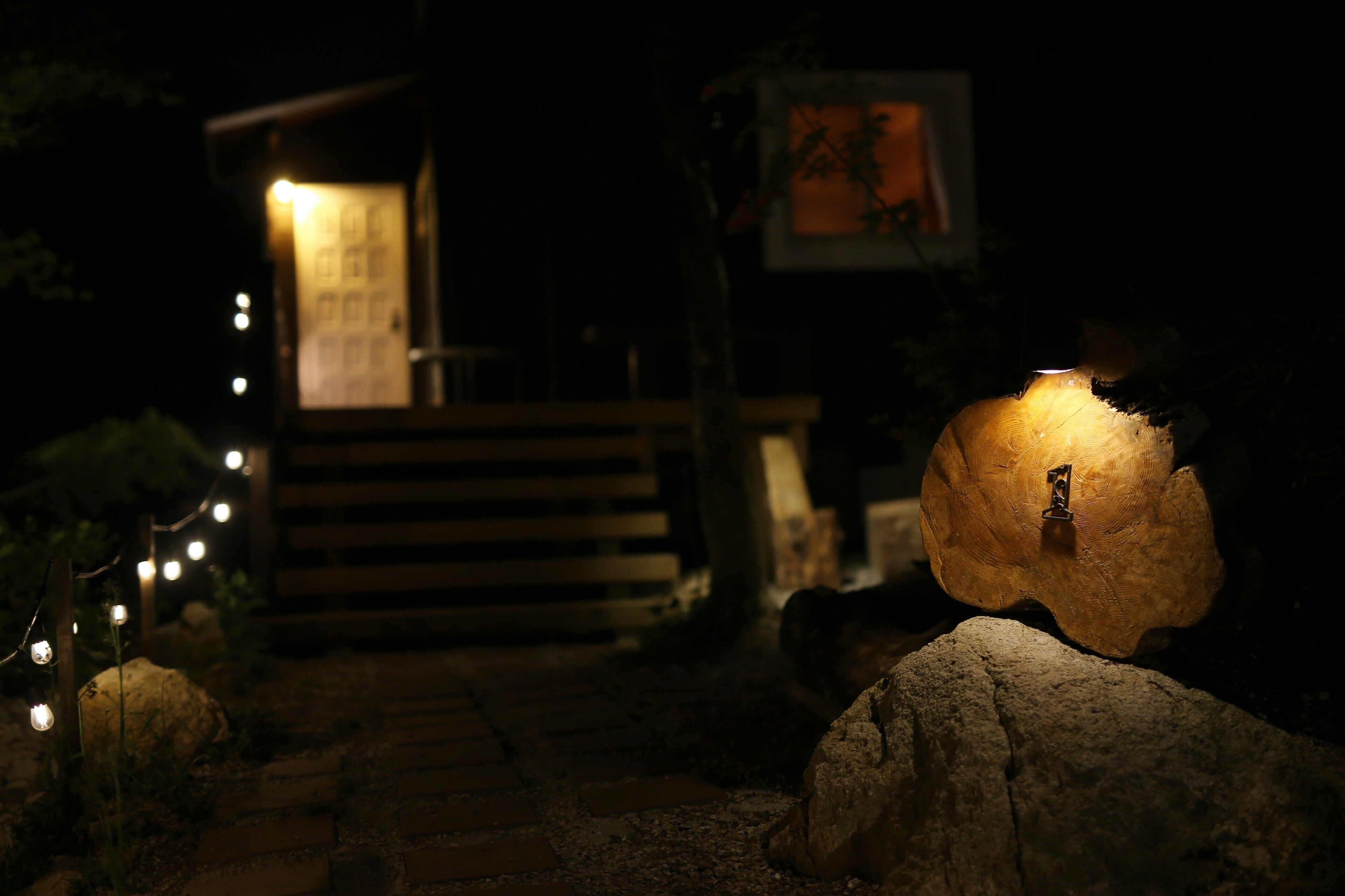 A nighttime scene with a pathway leading to a building, illuminated by string lights and a single spotlight on a rock.