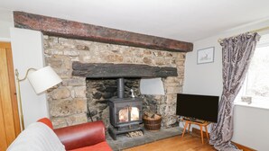 A cozy living room with a stone fireplace, a television on a wooden stand, and a red sofa.