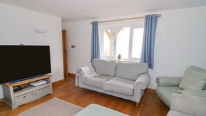 A living room with a grey sofa, a television on a wooden stand, and a window with blue curtains.