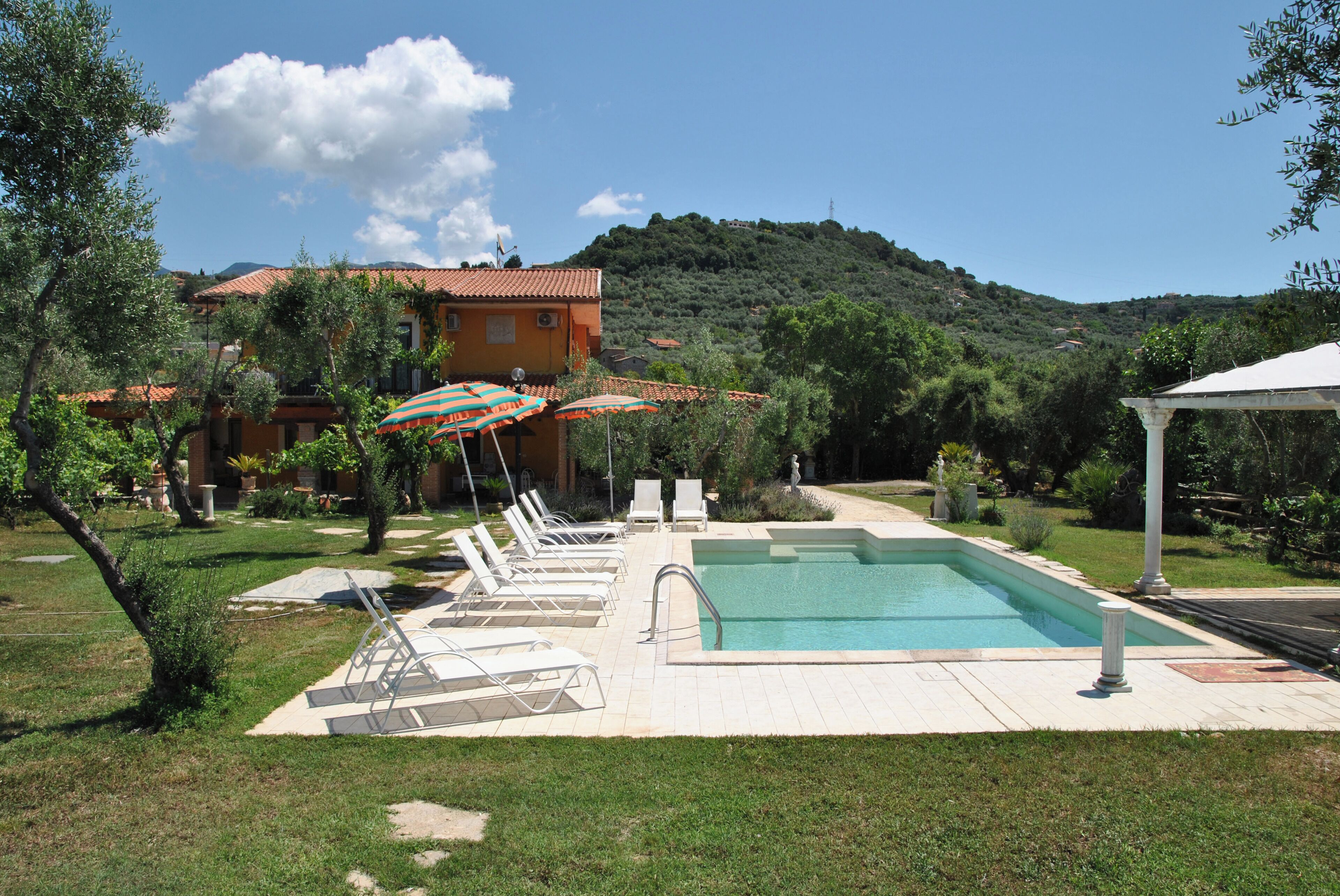 A pool area with lounge chairs and umbrellas, surrounded by greenery and a hill in the background.